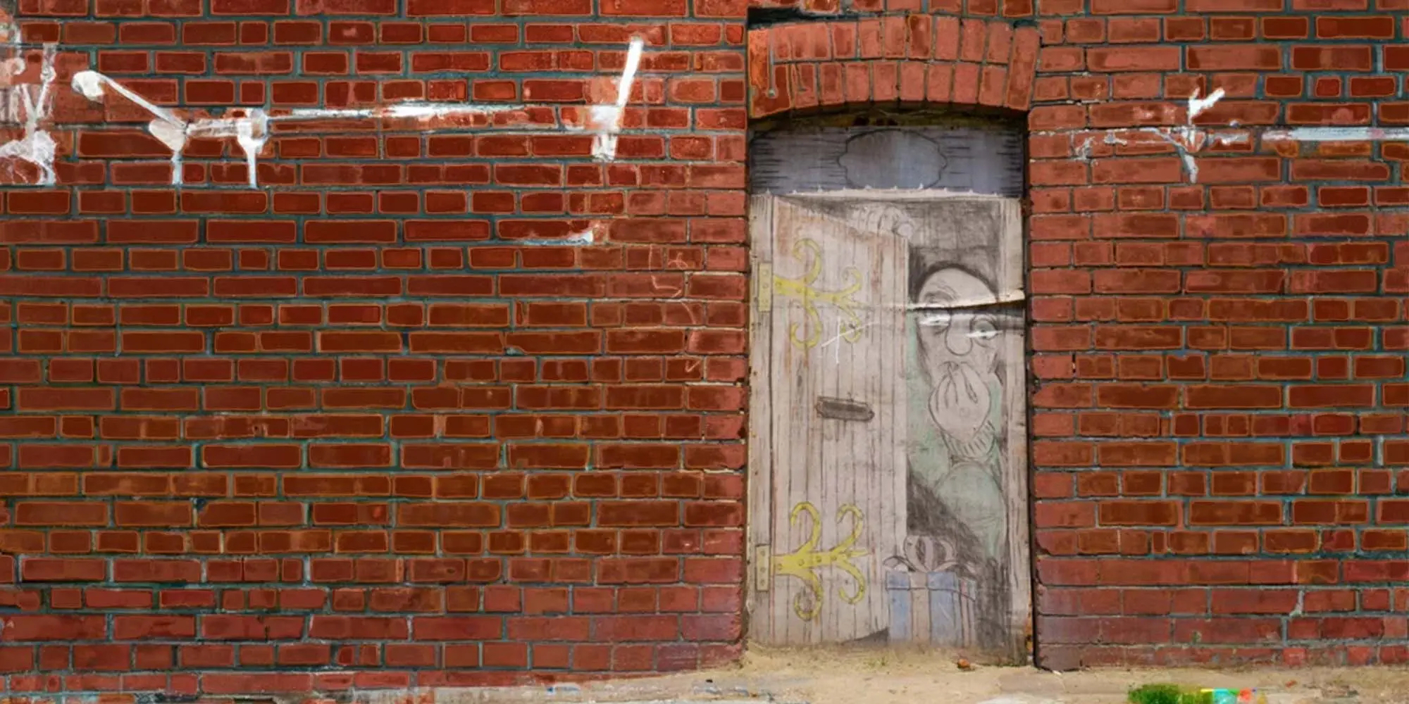 A red brick wall with an old wooden door that’s been painted to look like a cartoon person is opening it to see a present left on the ground.