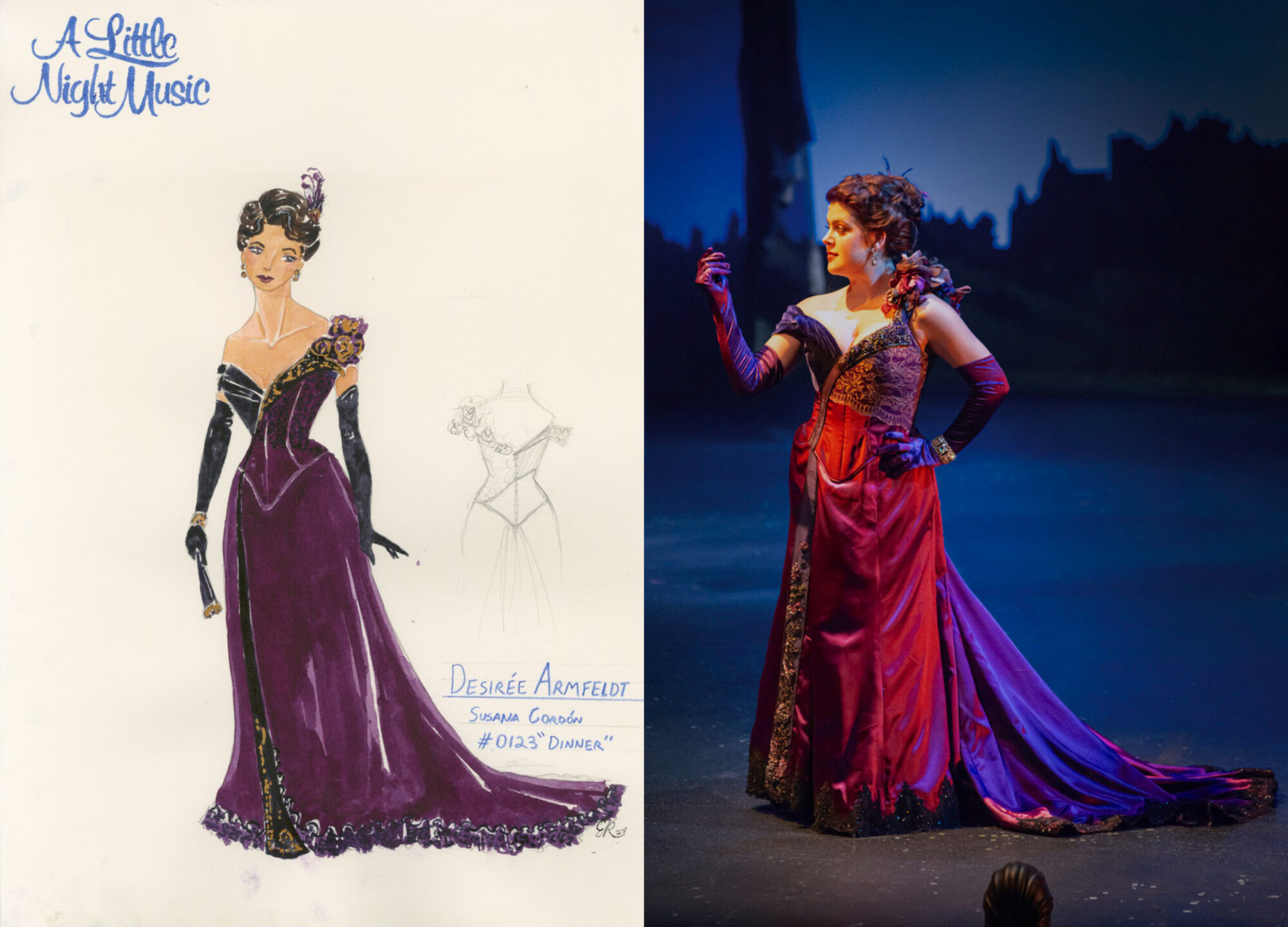 A sketch of a maroon gown on the left and a photo of the gown being worn by an actress on the right