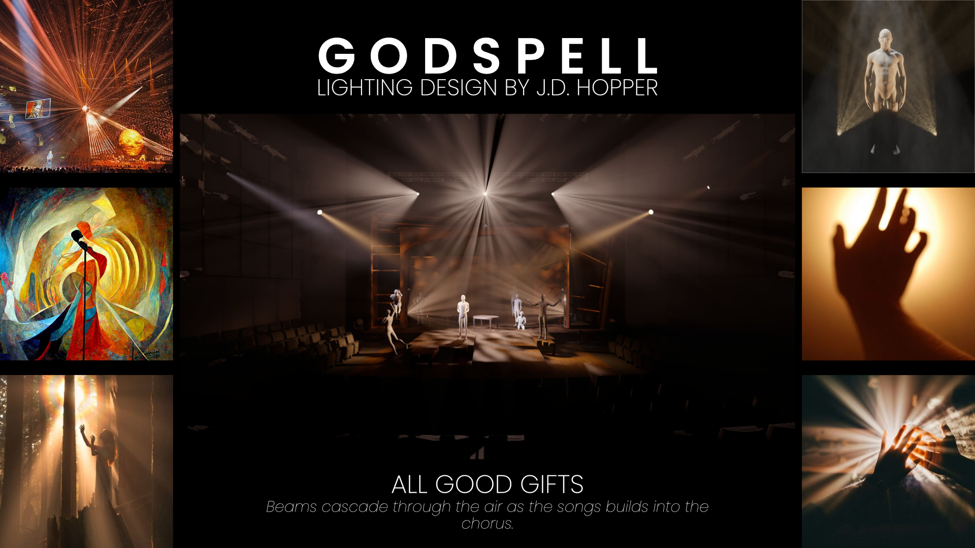 A slide showing three square images on each side with various lighting design inspirations for a production of “Godspell” and the song “All Good Gifts.”