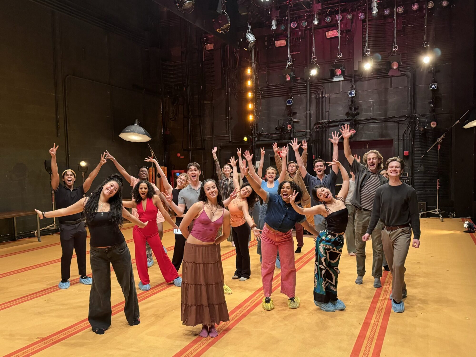 The Class of 2024 actors from CMU on stage at Signature Theater in NYC for their showcase, posing with arms outstretched, big smiles and excited faces.The Class of 2024 actors from CMU on stage at Signature Theater in NYC for their showcase, posing with arms outstretched, big smiles and excited faces.