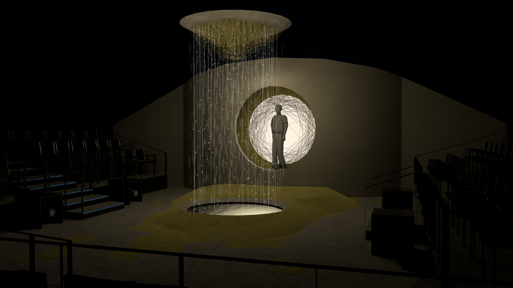 A scenic model drawing of a scene from “Passage” depicting a figure standing in a cut out circle of an upstage wall, and a large circular disc suspended from the ceiling, dangling lighted fibers that go down into a hole center stage.