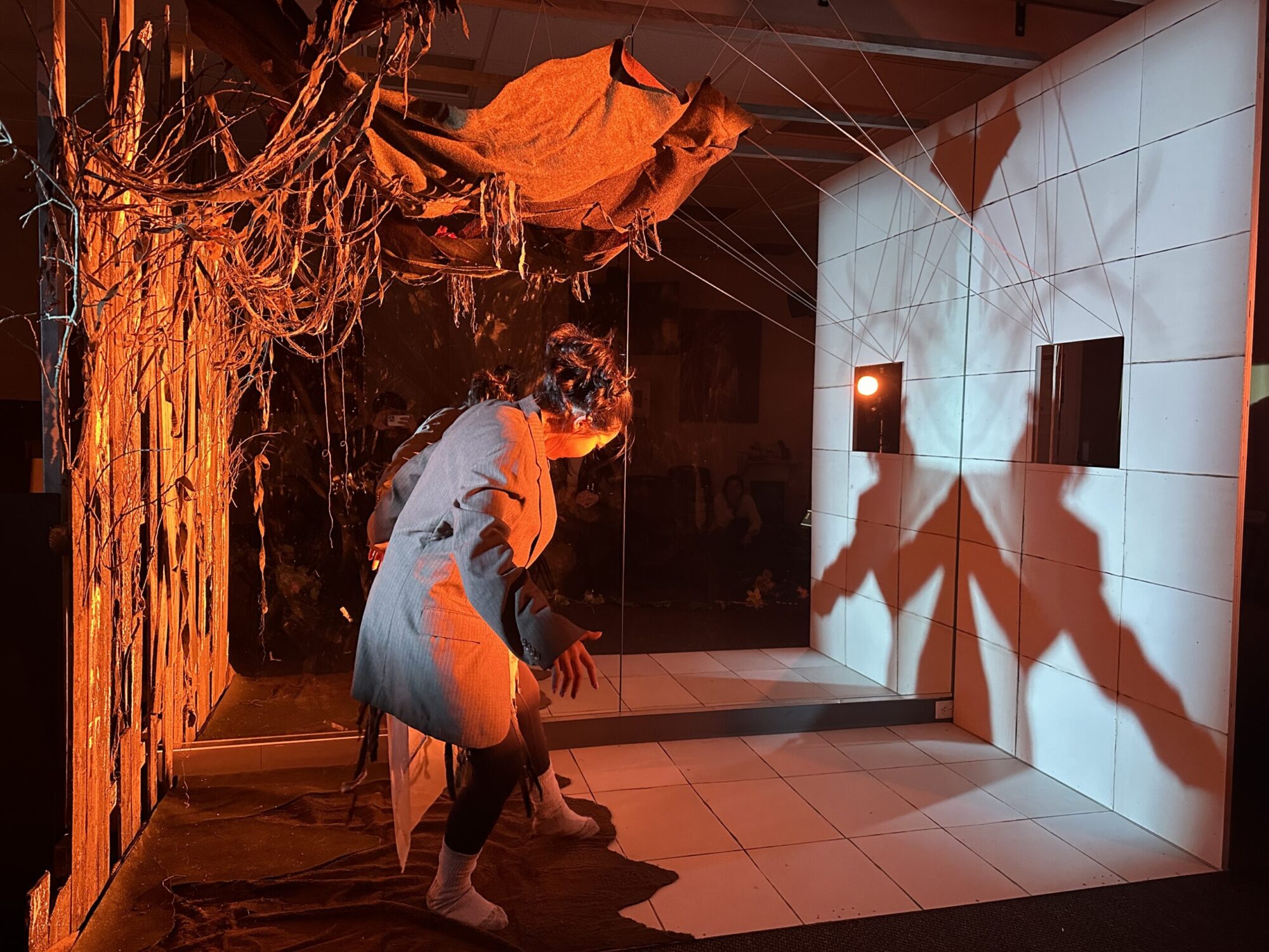 A scenic and light installation project where a human form’s shadow is projected onto a white wall, with various materials hanging above and behind.