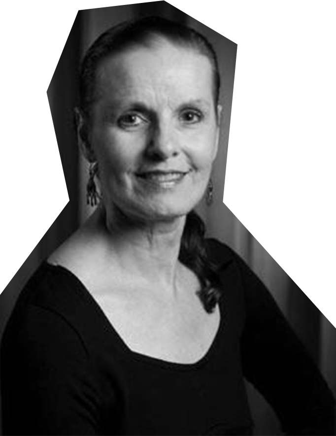 Black and white photo of Judy Conte, a white woman with her hair pulled back, wearing a black top.