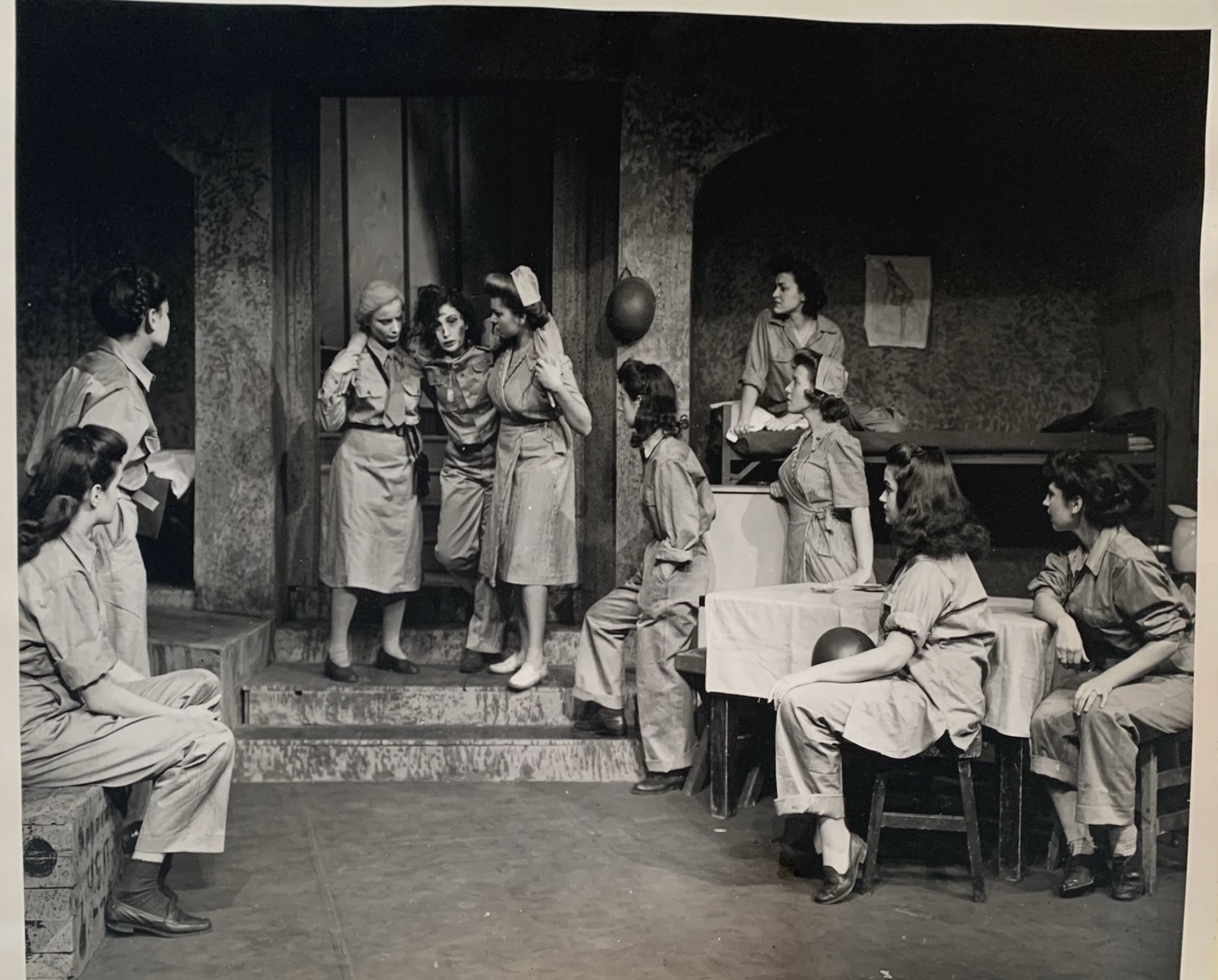 Photo of 10 women on stage in the School of Drama's 1943 production of "Cry Havoc."