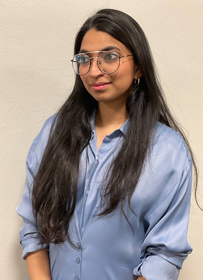 Photo of Oona Natesan, a woman with long dark hair wearing glasses and a blue button up blouse.