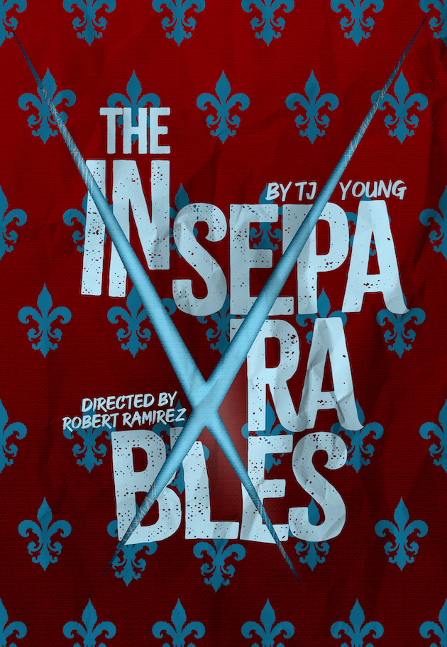 Poster for The Inseparables - red background with blue fleur de lis and blue text.