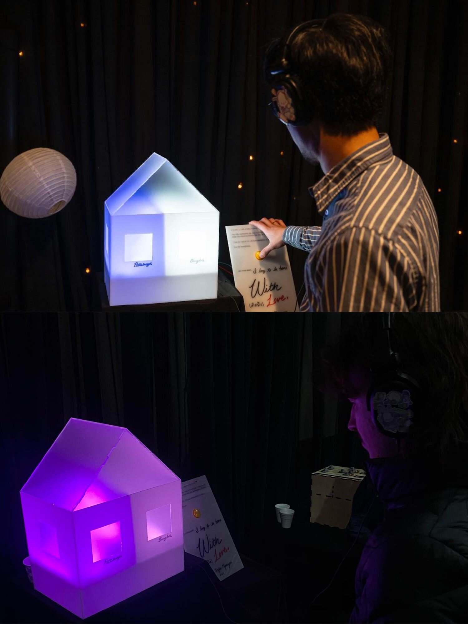 An interactive art project that includes a small model of a lit up house.