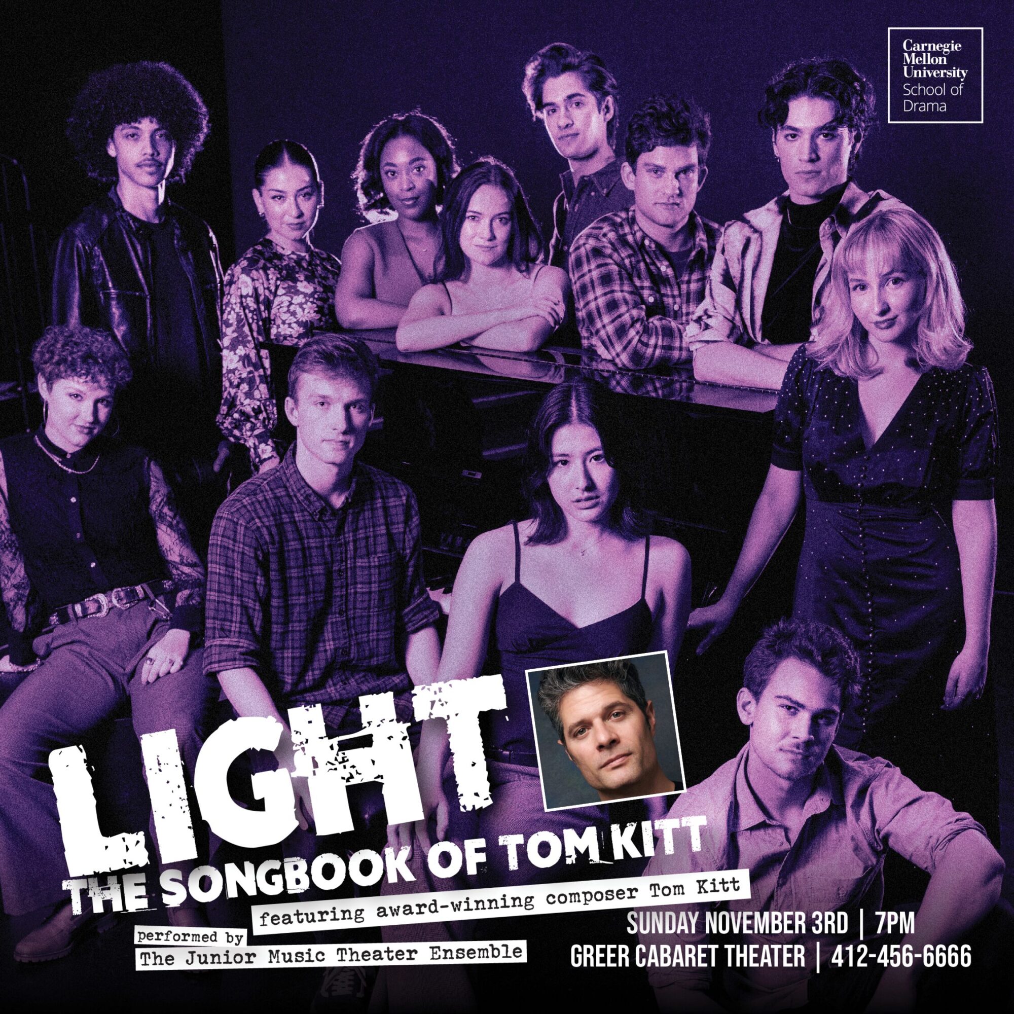 Group photo of Music Theater students posing around a piano. White text reads: "LIGHT: The Songbook of Tom Kitt" with a headshot of Tom Kitt.