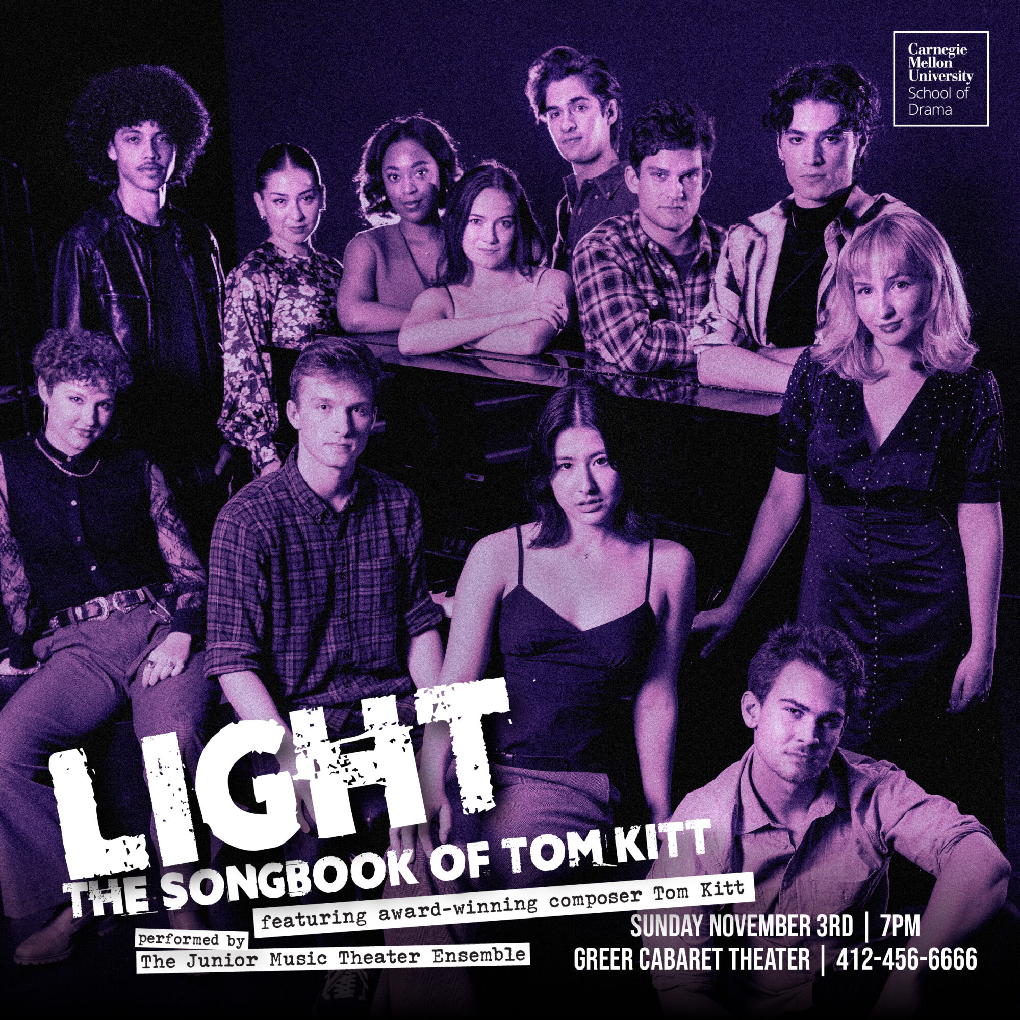 Group photo of Music Theater students posing around a piano. White text reads: "LIGHT: The Songbook of Tom Kitt" with a headshot of Tom Kitt.