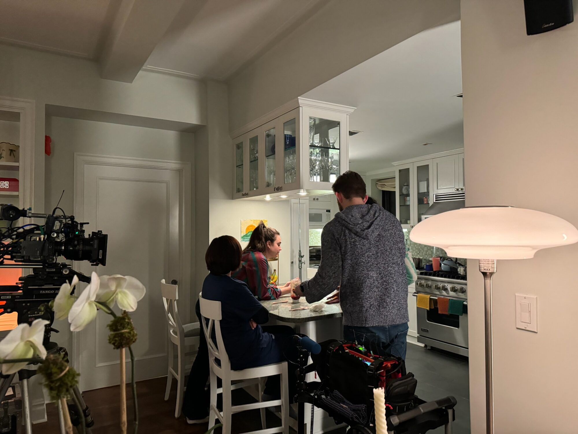 Dagmara Dominczyk, Isabel Pask, and Jack Dentinger work on a scene from "Goodnight"