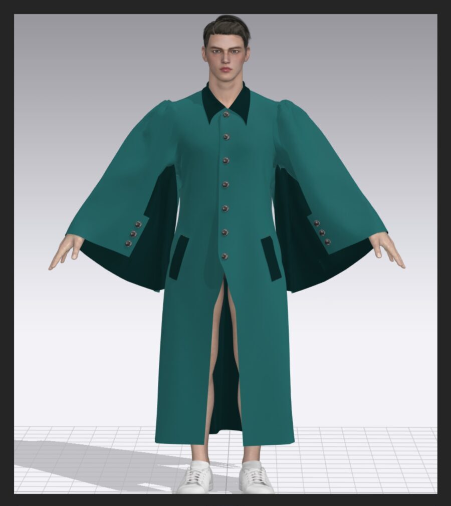 A costume model drawing of long teal coat